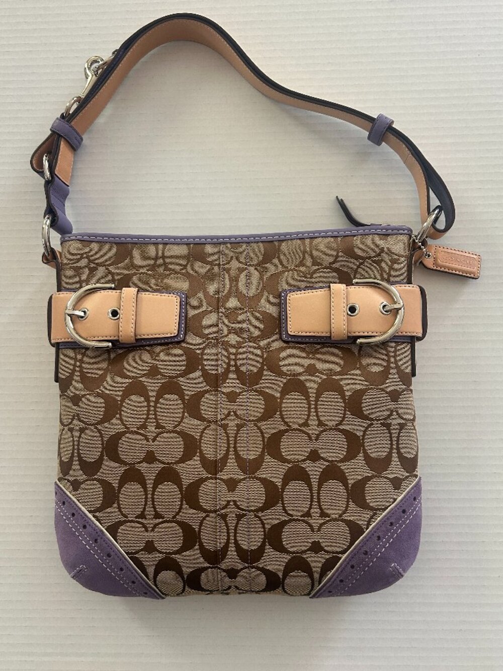 NWT COACH SIG KHAKI C PURPLE SUEDE SLIM DUFFLE / MESSENGER BAG PURSE STYLE #1487